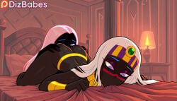 2girls ai_generated alien alien_girl all_fours anilingus ass ass_grab bed bed_sheet bedroom biting_pillow bracer circlet colored_skin cunnilingus dark-skinned_female dark_skin dizbabes duck_dodgers eyeshadow face_markings female_only handmaiden indoors lamp long_hair looking_back makeup martian martian_(duck_dodgers) multiple_girls on on_bed oral purple_eyes queen_tyr'ahnee sheet_grab stable_diffusion top-down_bottom-up warner_brothers white_hair yellow_panties yuri