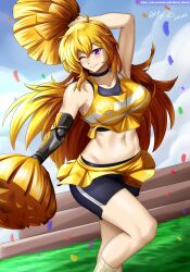 1girls blonde_female blonde_hair cheering cheerleader cheerleader_outfit cheerleader_uniform hocen long_hair long_hair_female pom_poms purple_eyes robotic_arm rwby yang_xiao_long