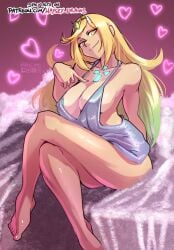 barefoot blonde_female blonde_hair blonde_hair blonde_hair_female breasts cleavage cocktail_dress core_crystal crossed_legs deep_cleavage dress evening_gown haysey_draws heart hearts_around_head imminent_sex implied_bottomless large_breasts long_hair love_hotel monolith_soft mythra nintendo on_bed tiara xenoblade_(series) xenoblade_chronicles_2