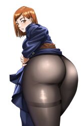 1girls ass ass_focus back_view backboob bellone big_ass blush brown_eyes brown_hair clothing dat_ass female female_only hair huge_ass jujutsu_kaisen kugisaki_nobara leggings legwear looking_back pantyhose short_hair skirt skirt_up solo solo_female thick_thighs thighs