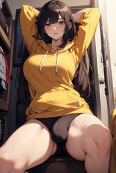 ai_generated black_clothing black_underwear brown_hair bulge bulge_through_clothing daytime futa_only futanari hoodie indoors long_hair looking_at_viewer open_mouth original original_character partially_clothed pixai raised_arm raised_arms sitting solo solo_futa thick_thighs underwear window yellow_clothing yellow_hoodie