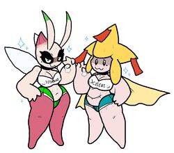 anthro bahamutgreen belly belly_button breasts celebi chubby crop_top eyelashes female jirachi nintendo pokémon_(species) pokemon pokemon_(species) shiny_pokemon shorts shortstack smiling_at_viewer sweat sweatdrop text thick_thighs