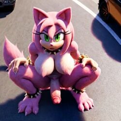 ai_generated amy_rose amy_rose_the_werehog from_above front_view futanari high-angle_view petplay pink_fur sonic_(series) squatting