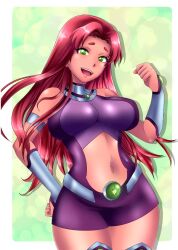 azdraw boots breasts curvy dc_comics female fist_pump green_eyes koriand'r large_breasts long_hair looking_at_viewer midriff miniskirt navel open_mouth purple_footwear purple_skirt red_hair sidelocks skirt sleeveless smile solo standing starfire tagme teen_titans thigh_boots thighhighs