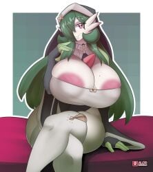 1girls 2023 ai_od areolae artist_logo cleavage crossed_legs female female_only gardevoir gauntlets generation_3_pokemon green_hair hair_over_one_eye huge_breasts long_hair looking_at_viewer nintendo nun nun_gardevoir_(cervina7) nun_hat nun_outfit pink_eyes pokémon_(species) pokemon pokemon_(species) pokemorph sitting smiling smiling_at_viewer solo thick_thighs thighhighs white_thighhighs