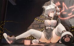 bare_thighs big_ass big_breasts furry_ears genek inner_thighs long_hair looking_at_viewer lying_down miniskirt sitting_on_floor skirt skirt_up socks spread_legs stockings thick_thighs white_hair