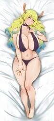 1girls areolae bare_legs bare_midriff bare_shoulders bare_thighs barefoot big_breasts bikini bikini_bottom bikini_tan bikini_top blonde_hair blush breasts breasts_bigger_than_head busty dakimakura dragon dragon_girl dragon_horns embarrassed feet female female_only full_body heterochromia hourglass_figure huge_breasts humanoid jnsdh kobayashi-san_chi_no_maidragon large_areolae large_breasts light-skinned_female light_skin long_hair looking_at_viewer lucoa miss_kobayashi's_dragon_maid multicolored_hair nipple_slip quetzalcoatl_(dragon_maid) revealing_swimsuit skimpy skimpy_bikini solo solo_focus swimsuit tanline two_tone_hair unusual_pupils voluptuous voluptuous_female wide_hips