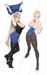 2girls alternate_outfit android_18 asuna_(blue_archive) big_breasts blue_archive blush breasts bunny_girl bunnysuit cleavage dragon_ball dragon_ball_z eye_contact female female_only half-closed_eyes large_breasts looking_at_viewer pantyhose thick_thighs thigh_gap wide_hips wonbin_lee