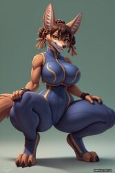 ai_generated alternate_species animal_ears anthro anthrofied big_breasts black_nose bodysuit bracelet breasts brown_fur canid canine canis capcom chun-li_(cosplay) clawed_feet curvy fur furry green_background hairbun hindlegs hindpaw jackal jackal_ears large_breasts legs_spread ribbons simple_background snout squatting stable_diffusion street_fighter street_fighter_alpha tail thick thick_thighs thighs vest voluptuous wgenjoyr4539