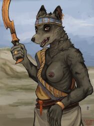 animal_humanoid anon2000000 anthro breasts canid canid_humanoid canine canine_ears canine_humanoid canis casual_nudity clothed clothing domestic_dog female hi_res humanoid knife mammal mammal_humanoid melee_weapon mercenary nipple_piercing nipples nonsexual_nudity partially_clothed piercing solo sword weapon