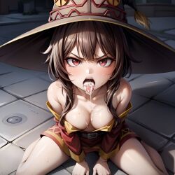 1girls after_fellatio after_oral ai_generated angry angry_face arbitrary brown_hair cleavage cum cum_dripping_from_mouth cum_in_mouth cum_on_breasts hi_res kono_subarashii_sekai_ni_shukufuku_wo! megumin open_mouth oral_creampie small_breasts stable_diffusion tongue_out witch_hat