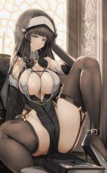 big_ass big_breasts black_fur genek gloves high_heels leg_up long_hair long_sleeves looking_at_viewer nun nun_hat nun_outfit sitting spread_legs stockings thick_thighs thighhighs tight_clothing