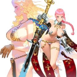 2girls abs armor armpit arms_up bare_shoulders bikini_armor blonde_hair blue_eyes breasts cape cleavage code_of_princess costume_switch crossover eyelashes female female_only flower gloves hair_ornament human large_breasts long_hair looking_at_viewer midriff navel one_piece outfit_swap panties pink_hair rebecca_(one_piece) revealing_clothes solange_blanchefleur_de_lux sword weapon wonbin_lee