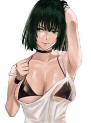 1girls alternate_version_available arm_up armpits bangs black_bra black_choker blunt_bangs bra breasts choker cleavage closed_mouth collarbone eyebrows female female_focus female_only fubuki_(one-punch_man) green_eyes green_hair hand_in_hair hand_on_own_chest highres j@ck large_breasts lips looking_away looking_to_the_side one-punch_man one_arm_up see-through shiny_skin shirt short_hair simple_background skindentation smile solo sweat sweatband sweatdrop sweating sweaty tank_top topwear underwear upper_body visible_bra_through_clothes wet wet_clothes wet_shirt white_background white_shirt