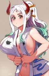 1girls 2023 2d 2d_(artwork) 5_fingers 8husa :d big_breasts blue_hair breasts child_bearing_hips cleavage covered_nipples curved_horns earrings female female_only hi_res highres hips horns hourglass_figure large_breasts light-skinned_female light_skin long_hair midriff navel one_piece orange_eyes ponytail sideboob solo teeth tongue white_clothing white_hair white_leotard wide_hips yamato_(one_piece)