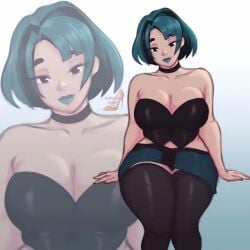 1girls 2023 big_breasts black_eyes black_thighhighs choker cleavage clothed clothing female female_only goth gwen_(tdi) looking_at_viewer madam_stiletto sitting smiling smiling_at_viewer solo teal_hair teal_lipstick thick_thighs thighhighs total_drama_island voluptuous