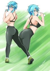 1girls ass ass_focus blue_eyes blue_hair blush drinking fit_female fitness flatpancakes fully_clothed gun_gale_online gym_uniform leggings multiple_views short_hair sinon solo sports_bra sportswear sword_art_online tight_clothing water_bottle