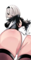 1girls ass ass_focus blindfold breasts female female_only leotard low-angle_view nier:_automata omochi_db sideboob solo thighhighs white_background white_hair yorha_2b