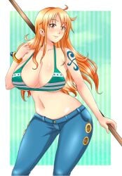 azdraw bare_arms bare_shoulders belt bikini bikini_top_only bracelet breasts brown_eyes cleavage denim earrings female female_only full_body hand_up holding holding_staff jeans jewelry large_breasts long_hair midriff nami nami_(one_piece) navel one_piece open_mouth orange_hair pants polearm post-timeskip shoulder_tattoo sidelocks smile solo staff standing stomach striped_bikini swimsuit tagme tattoo underboob weapon