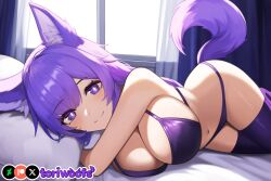 1girls :3 ai_generated bed bikini blush breasts collar curvy cute dog_ears dog_girl doggirl female female_only happy highres hips huge_breasts kemonomimi laying_down light_skin light_skinned_female long_hair patreon_username petgirl petite purple_ears purple_eyes purple_hair purple_tail thick_thighs thighhighs thighs tori toriwoofs watermark wide_hips wolf_ears