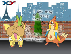 animal_genitalia animal_penis anthro anthro_on_anthro anthro_penetrated anthro_penetrating anthro_penetrating_anthro chespin cum cum_in_pussy cum_inside doggy_style dripping dripping_cum fennec fennekin fox from_behind from_behind_position furry furry_only nintendo nintendo_3ds nintendo_ds outdoors outside pokémon_(species) pokemon pokemon_(species) pokemon_dppt pokemon_xy snivythesuperior text text_box text_bubble watching