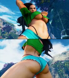 3d arms_up ass athletic athletic_female bare_midriff big_breasts black_hair brazilian brazilian_female breasts brown_eyes bubble_butt busty camlethal capcom crop_top denim_shorts female female_focus female_only front_view g-string hands_behind_head hotpants hourglass_figure laura_matsuda long_hair low-angle_view navel rear_view short_shorts street_fighter street_fighter_iii street_fighter_iii:_3rd_strike street_fighter_iii_(series) tagme underboob wide_hips