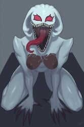 breasts dark-skinned_female kofuuboat long_tongue looking_at_viewer marvel nipples open_mouth original_character sharp_teeth spider-man_(series) symbiote tongue tongue_out