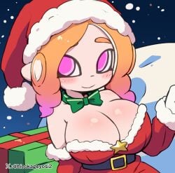 1girls big_breasts blush breasts christmas cleavage holidays large_breasts light_skin looking_at_viewer makino_nono night nintendo octoling octoling_girl oni_wasabi_(makino_nono) orange_hair original_character pink_eyes santa_costume santa_hat snow splatoon splatoon_(series) splatoon_3