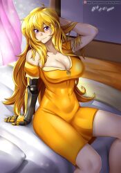 1girls bed blonde_female blonde_hair cleavage hand_behind_head hocen long_hair long_hair_female purple_eyes robotic_arm rwby sleepwear yang_xiao_long