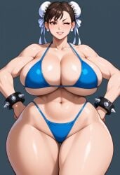 1girls ai_generated arms_on_waist big_ass big_breasts bikini blue_bikini breasts brown_eyes brown_hair chun-li civitai double_bun gigantic_breasts happy hips huge_ass huge_breasts huge_hips looking_at_viewer milf minimalist_background muscles navel solo spiked_bracelet street_fighter thick_thighs unclego wide_hips wink