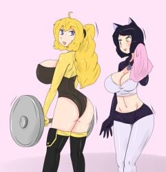 2girls ass big_breasts black_hair black_hair_female blake_belladonna blonde_female blonde_hair cat_ears cleavage clothed_female fjtiko multiple_girls purple_eyes rwby wrestling_outfit yang_xiao_long zronku