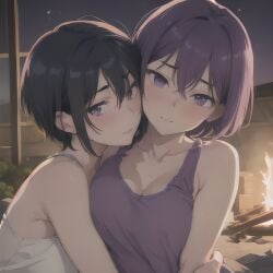 2girls ai_generated black_hair campfire cleavage female grabbing holding large_breasts purple_eyes purple_hair romantic short_hair stable_diffusion yuri