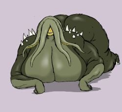 2024 anthro big_breasts big_butt green_skin hail_mary_(invincible) hi_res image_comics invincible kaiju lying lying_on_stomach monster non-mammal_breasts obese obese_female pseudo_hair reptile simple_background simple_shading solo spikes teeth tentacle_hair vixencurie