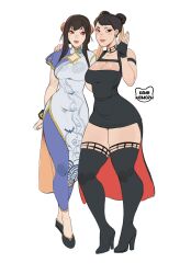 2girls artist_name big_breasts capcom chinese_clothes chun-li cleavage clothing_swap crossover female female_only high_heel_boots high_heels kamii_momoru multiple_girls spy_x_family street_fighter street_fighter_6 thigh_boots white_background yor_briar yor_forger