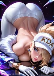ai_generated akali ass_up bleak_banksy blonde_hair blue_eyes breast_press earrings fur_trim gloves hat jacket k/da_all_out_akali k/da_all_out_series k/da_series kda league_of_legends lips necklace popstar prestige_skin riot_games tight_clothing