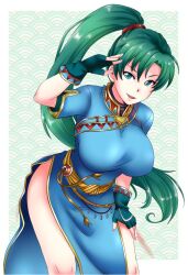 1girls azdraw curvy earrings female female_only fire_emblem fire_emblem:_the_blazing_blade gloves green_eyes green_hair holding holding_weapon jewelry long_hair looking_at_viewer lyn_(fire_emblem) necklace nintendo open_mouth outdoors pelvic_curtain petals ponytail sheath shiny_skin short_sleeves sky smile solo weapon