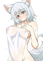 1girls big_breasts female kumasan_(kumazonjp) kumazon momiji_inubashiri nipples touhou towel upper_body white_hair wolf_girl