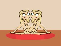 2girls accurate_art_style amy_(tdi) areolae barefoot beauty_mark blonde_hair blue_eyes breasts busty female female_only flashlight237 full_body hourglass_figure incest long_hair medium_breasts multiple_girls navel nipples nude nude_female nudity samey_(tdi) scissoring sisters tagme total_drama_island twins wide_hips