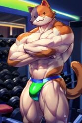 1boy abs ai_generated anthro big_bulge blue_fur briefs brown_fur brown_tail bulge calico_cat cat_ears cat_tail catboy detailed detailed_background epic_games felid feline felis fortnite fortnite:_battle_royale gym male male_breasts male_only meowscles meowscles_(fortnite) muscular muscular_anthro muscular_arms muscular_male nipples orange_eyes partially_clothed partially_nude pecs pink_nose posing shirtless solo solo_focus solo_male speedo stable_diffusion sweat sweating thick_thighs tricolor tricolor_fur underwear video_game_character video_games white_body white_fur wide_hips