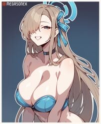 ai_generated alternate_costume asuna_(blue_archive) bangs bare_shoulders blue_archive blue_bra blue_eyes blue_ribbon bra breasts choker cleavage collarbone female gradient gradient_background grin hair_over_one_eye hair_ribbon halo large_breasts light_brown_hair long_hair looking_at_viewer megasonek patreon_username ribbon smile solo strapless teeth underwear upper_body watermark