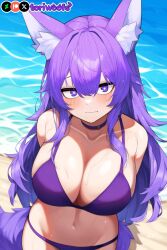 1girls ai_generated beach bikini blush breasts collar curvy cute dog_ears dog_girl doggirl female female_only height_difference highres hips huge_breasts kemonomimi light_skin light_skinned_female long_hair patreon_username petgirl petite pov purple_ears purple_eyes purple_hair purple_tail scared standing sweat thick_thighs thighs tori toriwoofs water watermark wide_hips wolf_ears worried