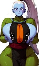 ai_generated big_breasts blue_body blue_skin breasts breasts_grab breasts_out_of_clothes daidouji_(artist) daidoujipv dragon_ball_super lactating long_hair looking_at_viewer milk no_bra ponytail purple_eyes vados wide_hips