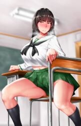 1girls breasts brown_eyes brown_hair chair chalkboard classroom desk girls_und_panzer green_skirt large_breasts long_hair looking_at_viewer navel nishizumi_shiho rasson sailor_collar school_uniform shirt sitting_on_chair skirt socks white_shirt