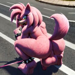 ai_generated all_fours amy_rose amy_rose_the_werehog anus claws fangs from_above from_behind futanari on_ground penis petplay pink_fur public sonic_(series) squatting