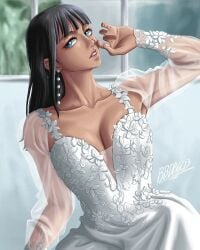 1girls bbdbg03 black_hair blue_eyes breasts bride detached_sleeves dress earrings female female_only large_breasts long_hair looking_at_viewer milf nico_robin one_piece pre-timeskip see-through see-through_sleeves wedding_dress white_dress window