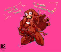 1boy bacon_sama balls big_balls big_penis blush caught caught_masturbating echidna embarrassed furry himbo knuckles_the_echidna male male_focus male_only masturbation muscular muscular_male penis precum solo sonic_(series) toony