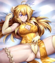 1girls bed blonde_female blonde_hair china_dress chinese_clothes chinese_dress cleavage cleavage_window hocen legs_apart legs_spread long_hair long_hair_female panties purple_eyes rwby yang_xiao_long