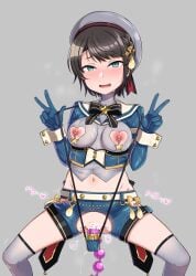 :d absurdres aqua_eyes belt beret black_hair blue_gloves blue_panties blush braid breasts censored condom crotch_cutout dildo dildo_under_panties double_v female gloves gozaru grey_thighhighs hat highres hololive hololive_gen_2 hololive_japan looking_at_viewer navel nipple_cutout nipple_piercing nipples object_insertion oozora_subaru panties piercing sailor_collar sex_toy short_hair shorts smile solo spread_legs sweat thighhighs underwear used_condom v vaginal_object_insertion vaginal_penetration virtual_youtuber