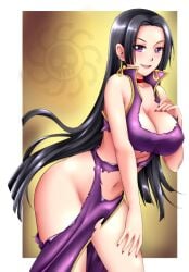 azdraw black_hair blush boa_hancock breasts brown_eyes china_dress chinese_clothes choker curvy dress earrings female female_only hand_over_breasts huge_breasts impossible_clothes impossible_dress jewelry long_hair one_piece side_slit smile solo tagme torn_clothes