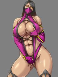 2d big_breasts big_thighs black_hair edenian fingerless_gloves fishnet fishnet_legwear fishnets gloves leotard mask masked masked_female mileena mileena_(mk9) mortal_kombat mortal_kombat_(2011) muscular muscular_female pink_clothing purple_clothing short_hair sweat sweatdrop sweating tarkatan thick_thighs thighhighs thunder_thighs yellow_eyes